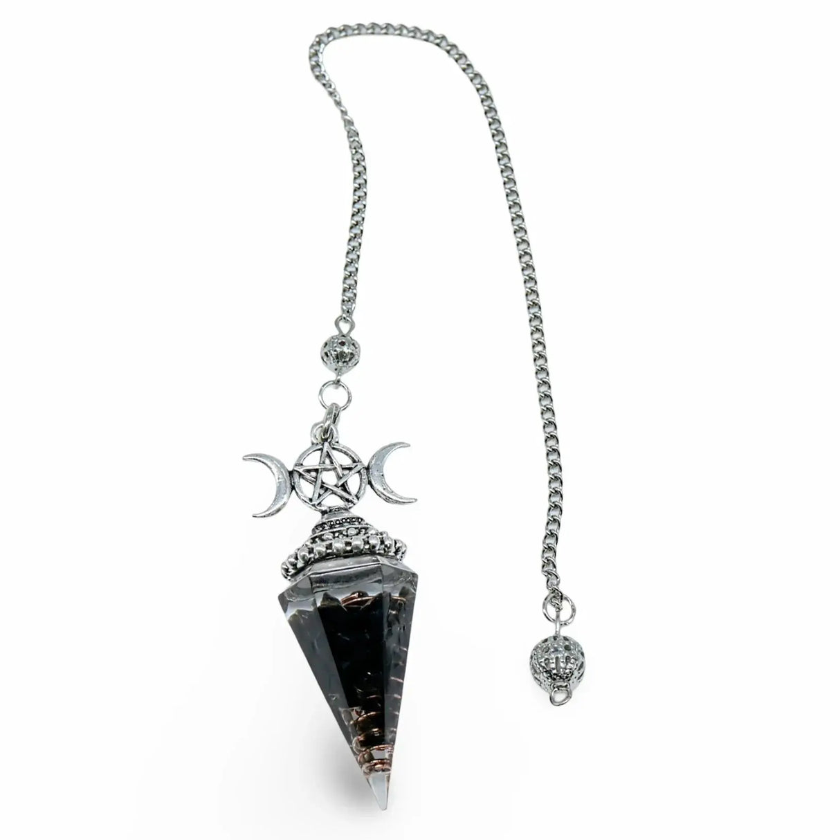 Pendulum – Obsidian Chip & Resin Orgonite with Triple Moon Pentagram Charm