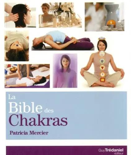 Livre La Bible des Chakras, couverture bleu clair et violet, collage de photos de yoga autour du livre.