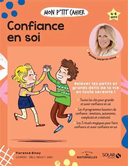 Livre Mon p’tit cahier Confiance en soi - couverture orange avec deux enfants se félicitant, logo Pür Sérénité