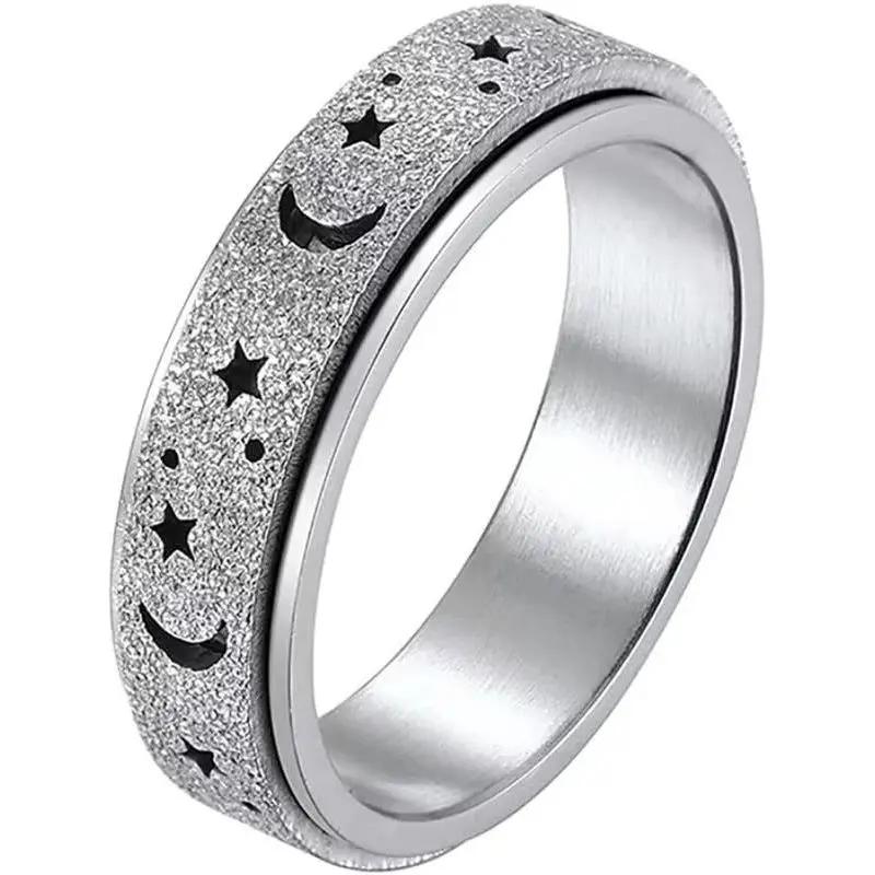 Rotating Ring - Stress Anxiety Relief - Stainless Steel - Silver Moon and Star 5