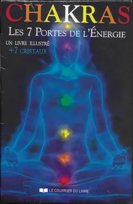 Livre Coffret Chakras Les 7 Portes de l'Énergie couverture bleue avec chakras colorés, +7 cristaux