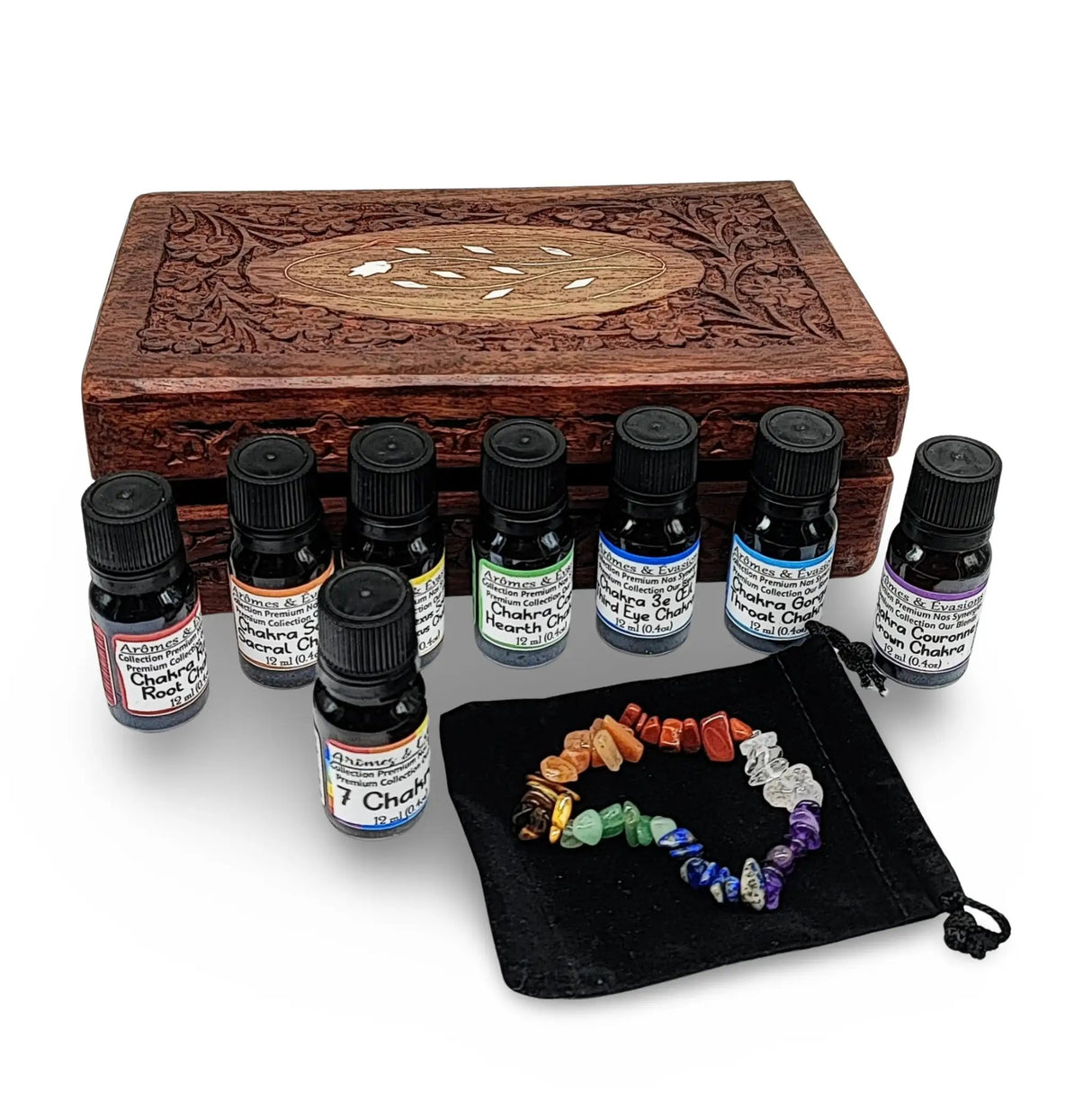7 Chakras Essential Oil & Bracelet Deluxe Gift Set in a wooden box with 12 ml oils and chakra bracelet Limited Edition