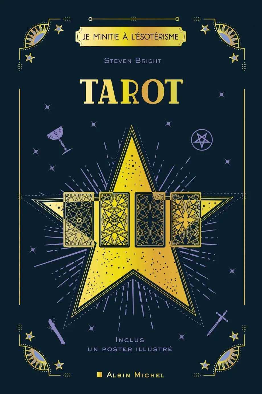 Livre - Tarot, couverture bleu foncé avec étoile dorée et jeux de cartes, édition Albin Michel.