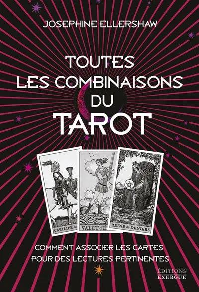 Livre Pür Sérénité – Toutes les Combinaisons du Tarot, couverture noire à rayons magenta et trois cartes de tarot