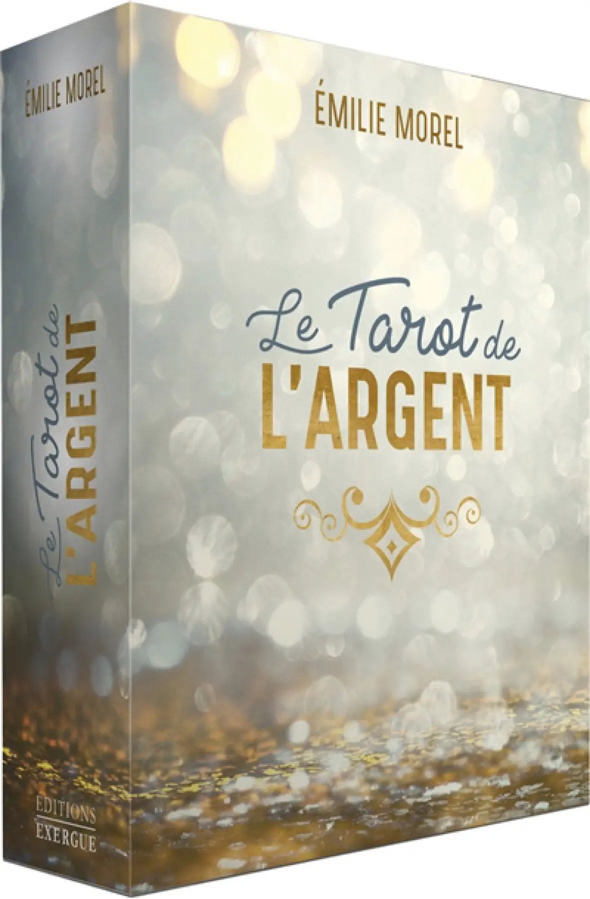 Astro Tarot Oracle box Le Tarot de l'Argent, French edition with gold lettering on a pale bokeh backdrop.