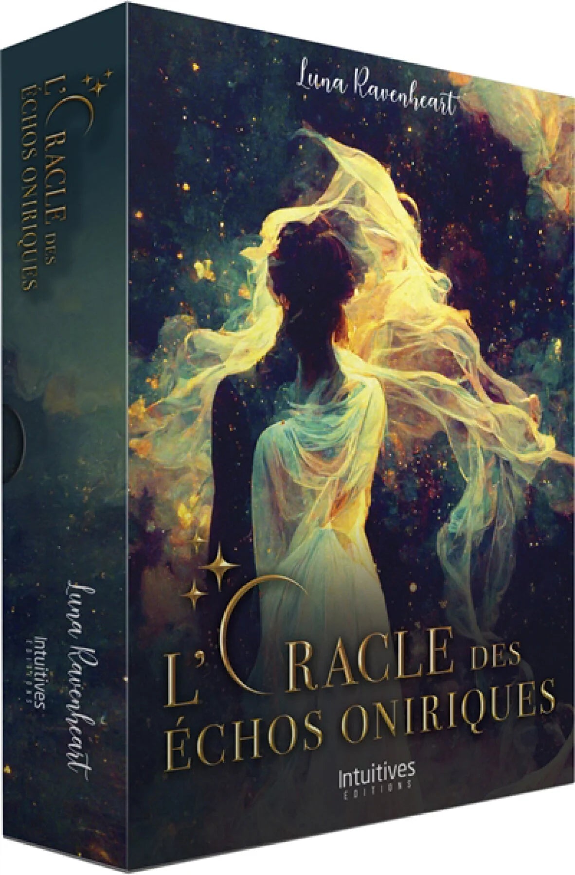 Astro Tarot Oracle deck by Pür Sérénité, French version, dark blue box with a silhouetted figure and flowing fabric