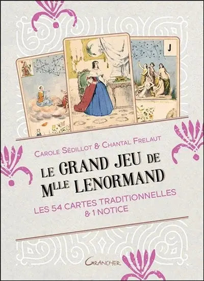Astro Tarot Oracle Lenormand deck cover by Grancher; French edition with three illustrated cards and pink motifs