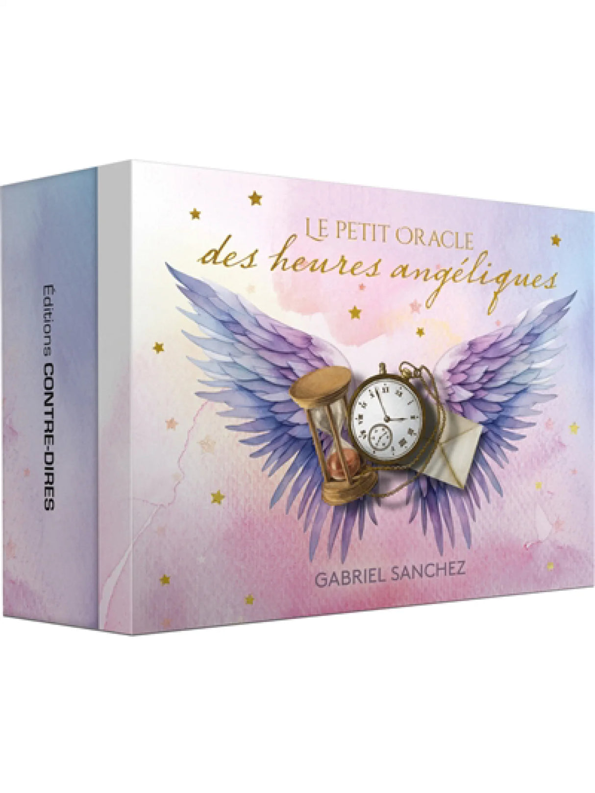 Astro Tarot Oracle box with Le Petit Oracle des heures angéliques, pastel gradient and angel wings with pocket watch
