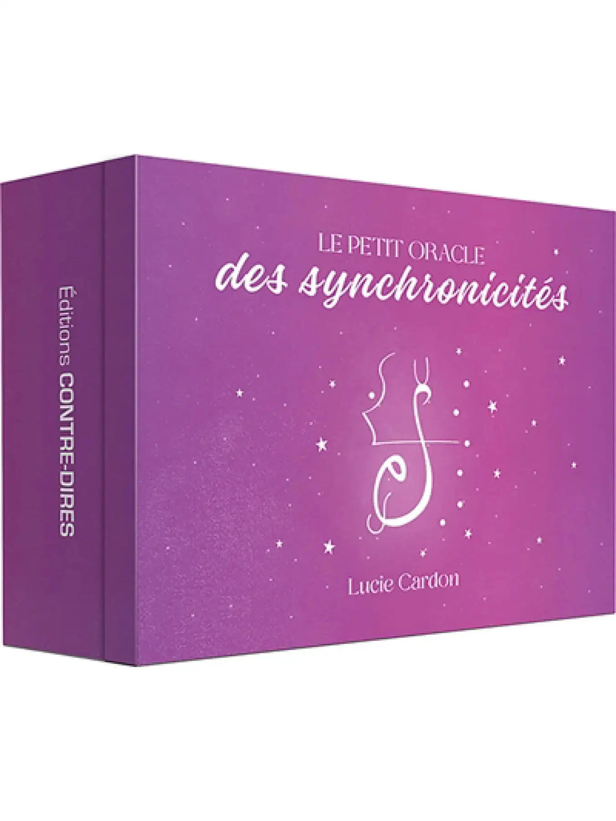 Astro Tarot Oracle box, purple with white script Le Petit Oracle des synchronicités and starry accents