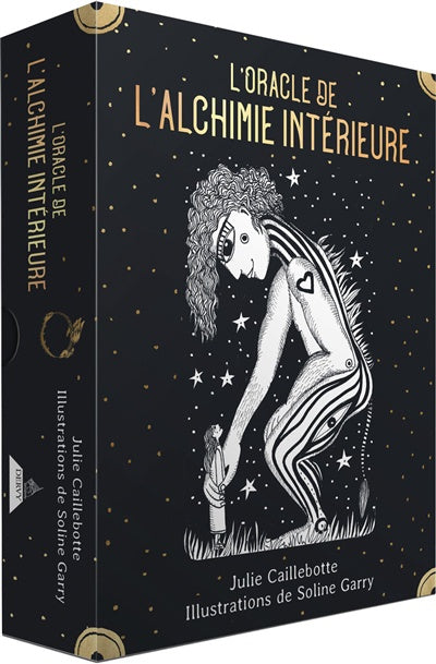 Astro Tarot Oracle box by Pür Sérénité, French Version, black with gold stars and white illustration.