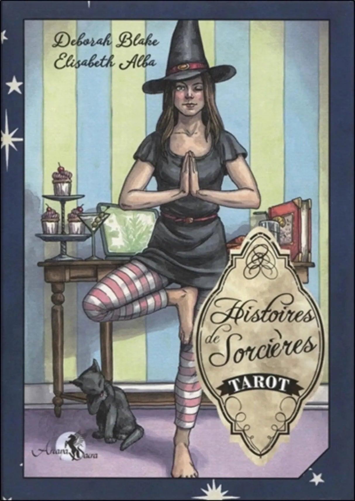 Astro Tarot Oracle Histoires de Sorcières tarot deck cover with a witch in a black dress and striped stockings.