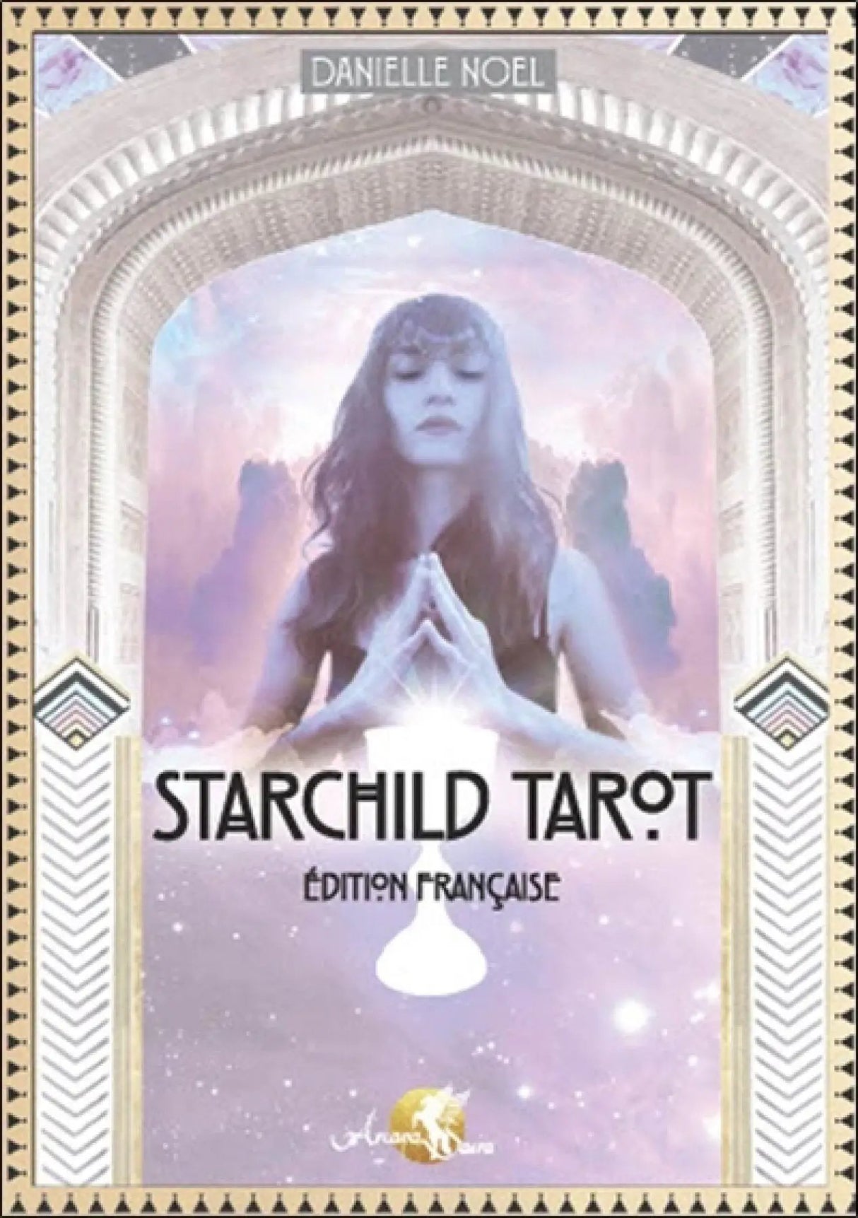 Starchild Tarot deck cover with pastel purple meditation figure framed by an ornate arch, French edition, Danielle Noel.