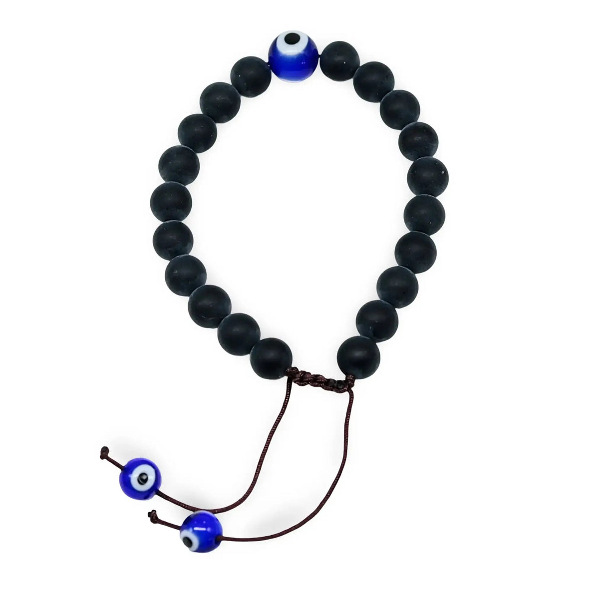 Bracelet - Natural Frosted Black Agate with Evil Eye - Adjustable - 8mm