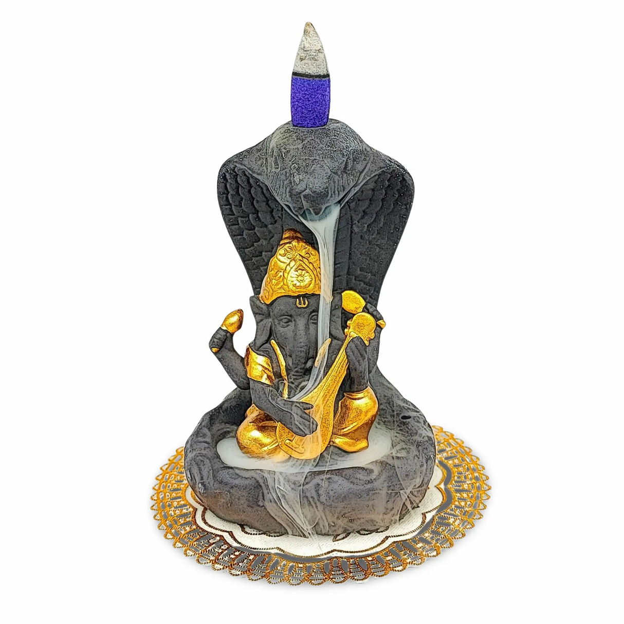 Incense Burner Kit -Ceramic -Backflow & Stick Holder -Ganesha with Snake -Gold