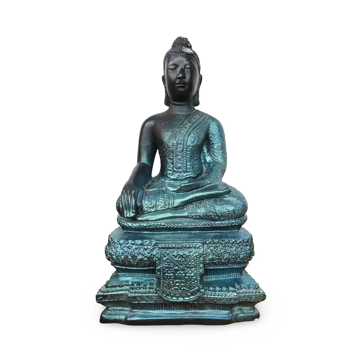 Buddha statue figurine in black and green patina, seated in meditation pose on ornate pedestal.