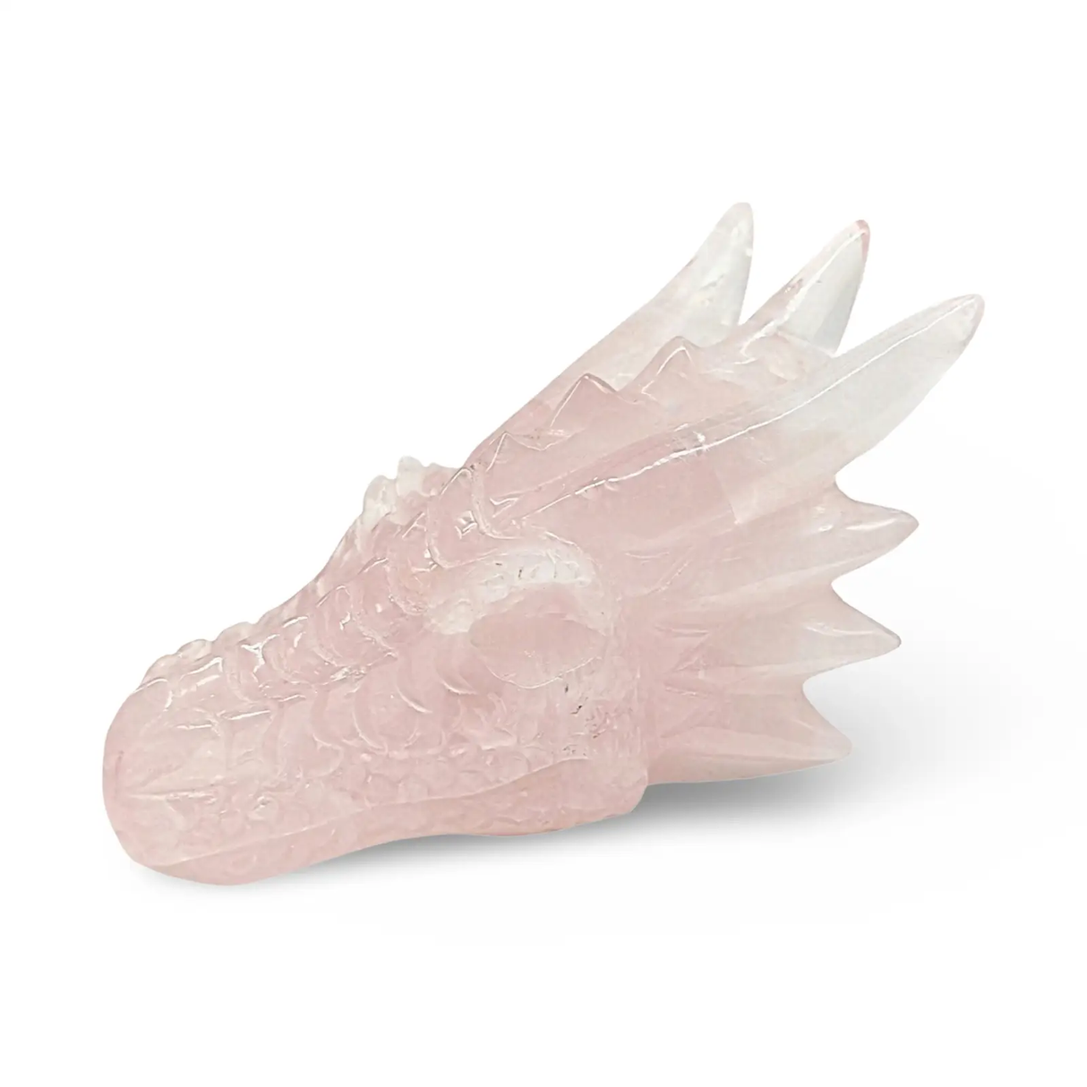 Dragon skull rose quartz sculpture, pink stone by Pür Sérénité, 5 inches long, 425g