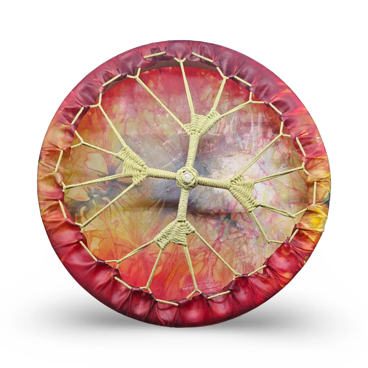 Ritual shamanic hand drum, 18-inch, red padded rim with cream rope webbing and tie-dyed skin