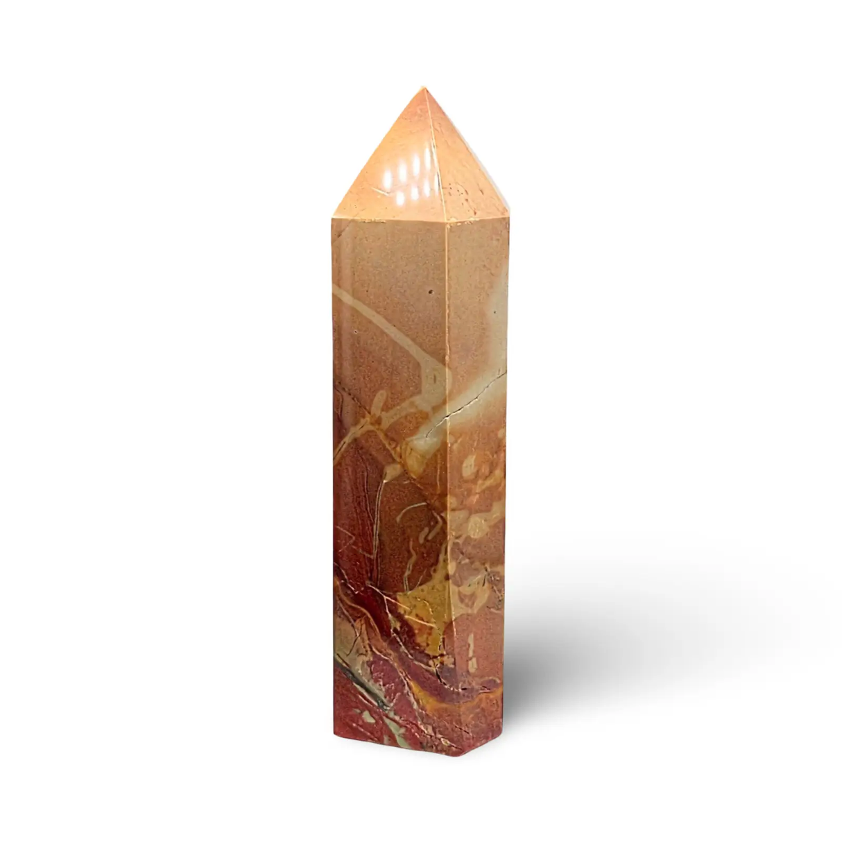 Desert Jasper Obelisk sculpture, 9.5 in tall, polished with warm amber and red tones.