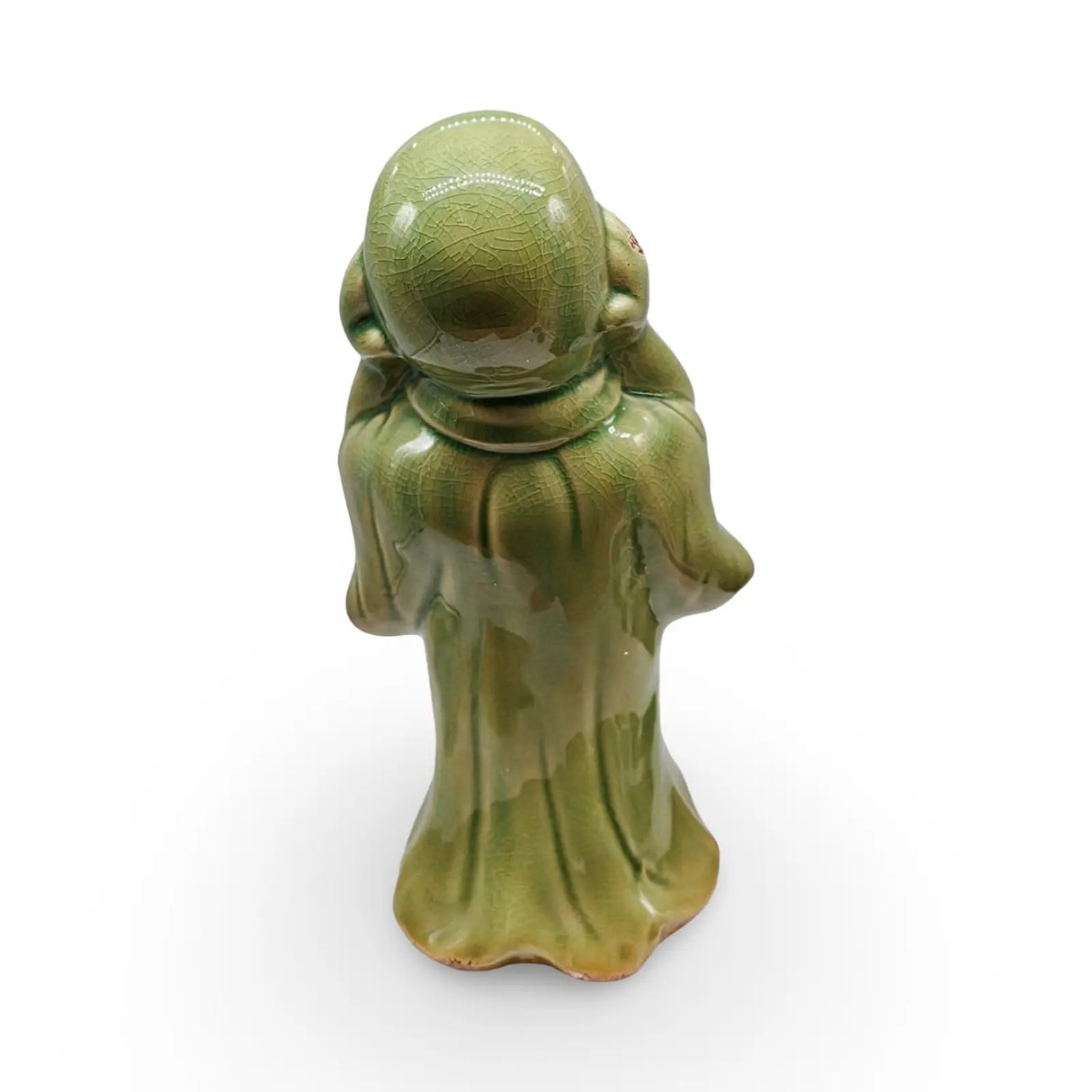 Green ceramic Happy Buddha figurine with crackled glaze texture by Pür Sérénité.