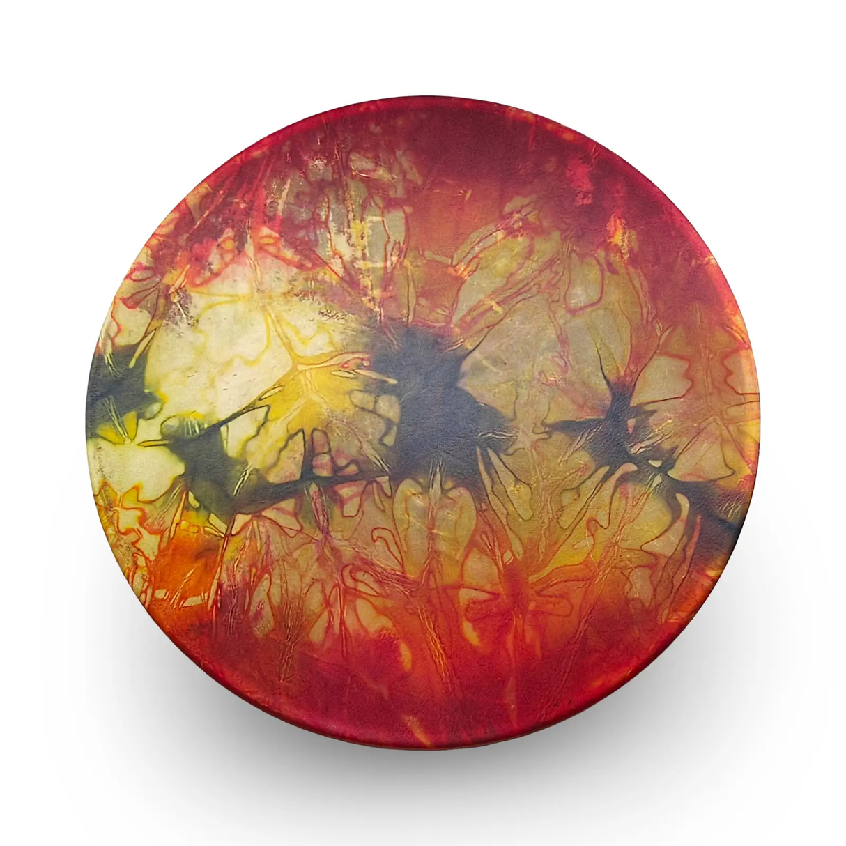 Ritual Shamanic Drum, 18-inch hand drum by Pür Sérénité with a vibrant marbled red-yellow-blue head.