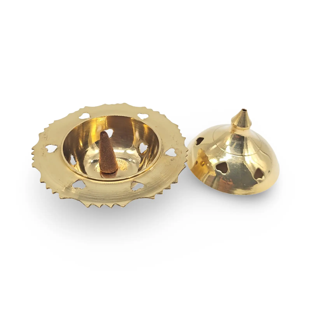 Gold brass incense burner for cone and resin; 2-piece backflow and sticks holder with scalloped base and dome cap.