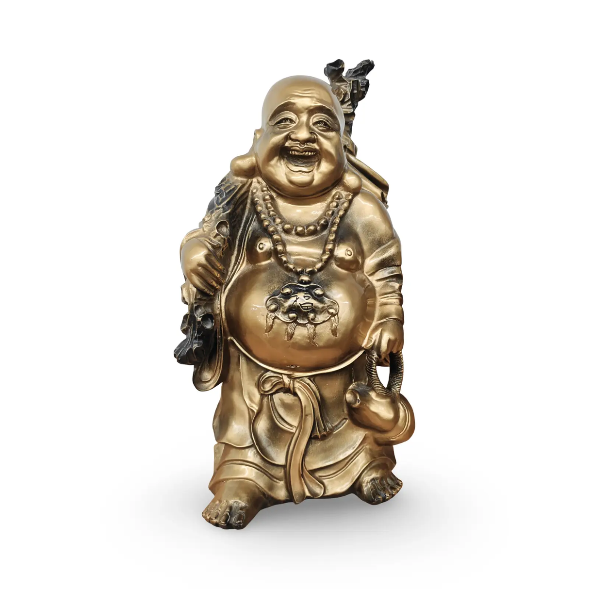 Gold Buddha statue by Pür Sérénité, large laughing Buddha with beaded necklace