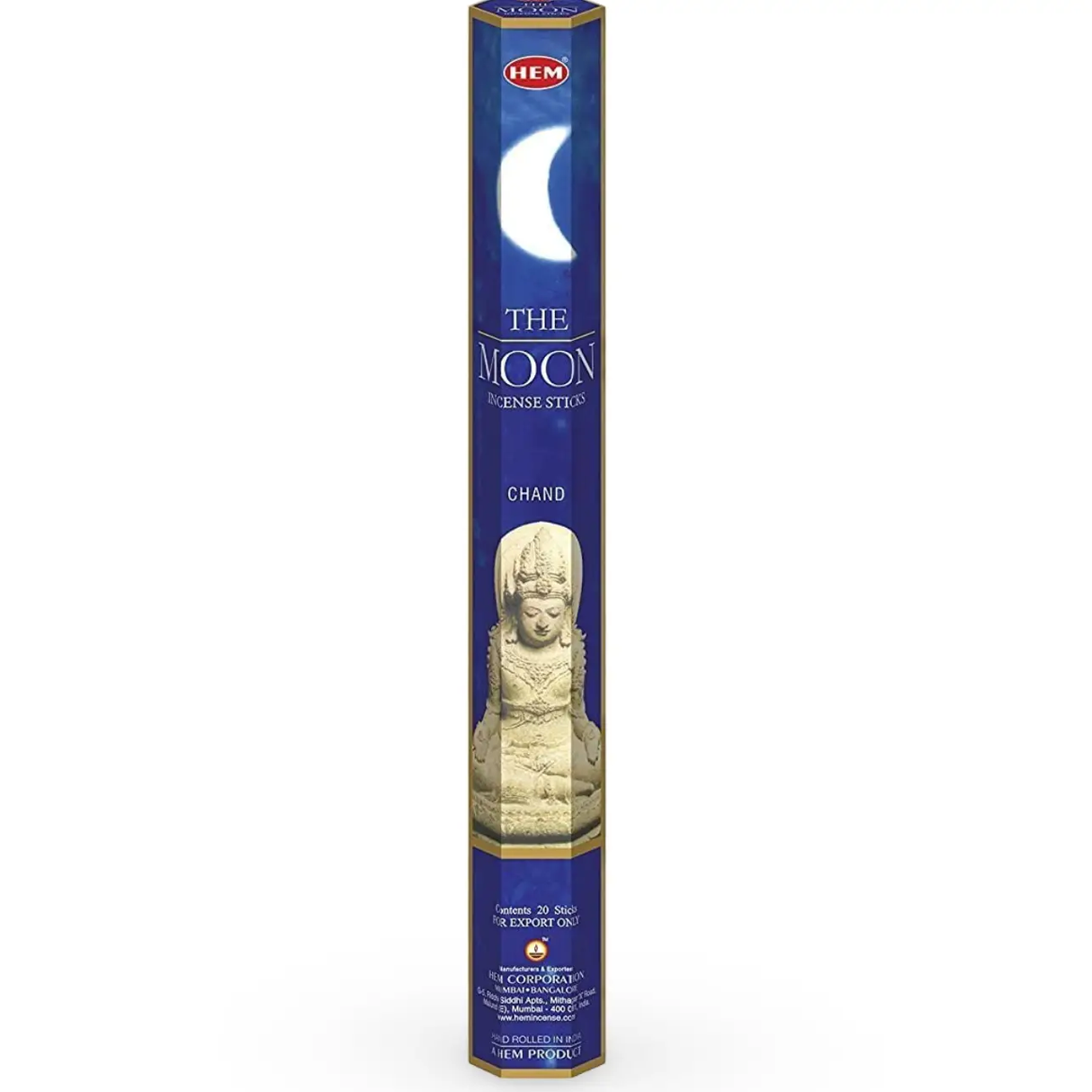 Hem incense stick packaging with 'The Moon' design on a white background