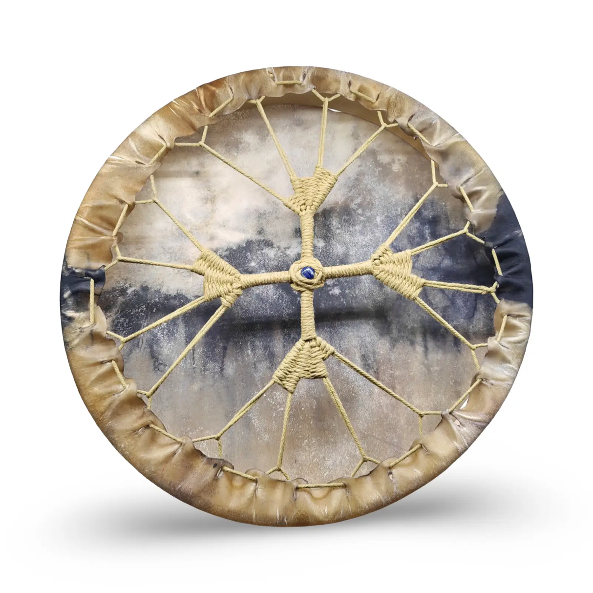 Ritual Shamanic Drum 18-inch hand drum with natural tan skin, woven rope lattice, and blue center bead.