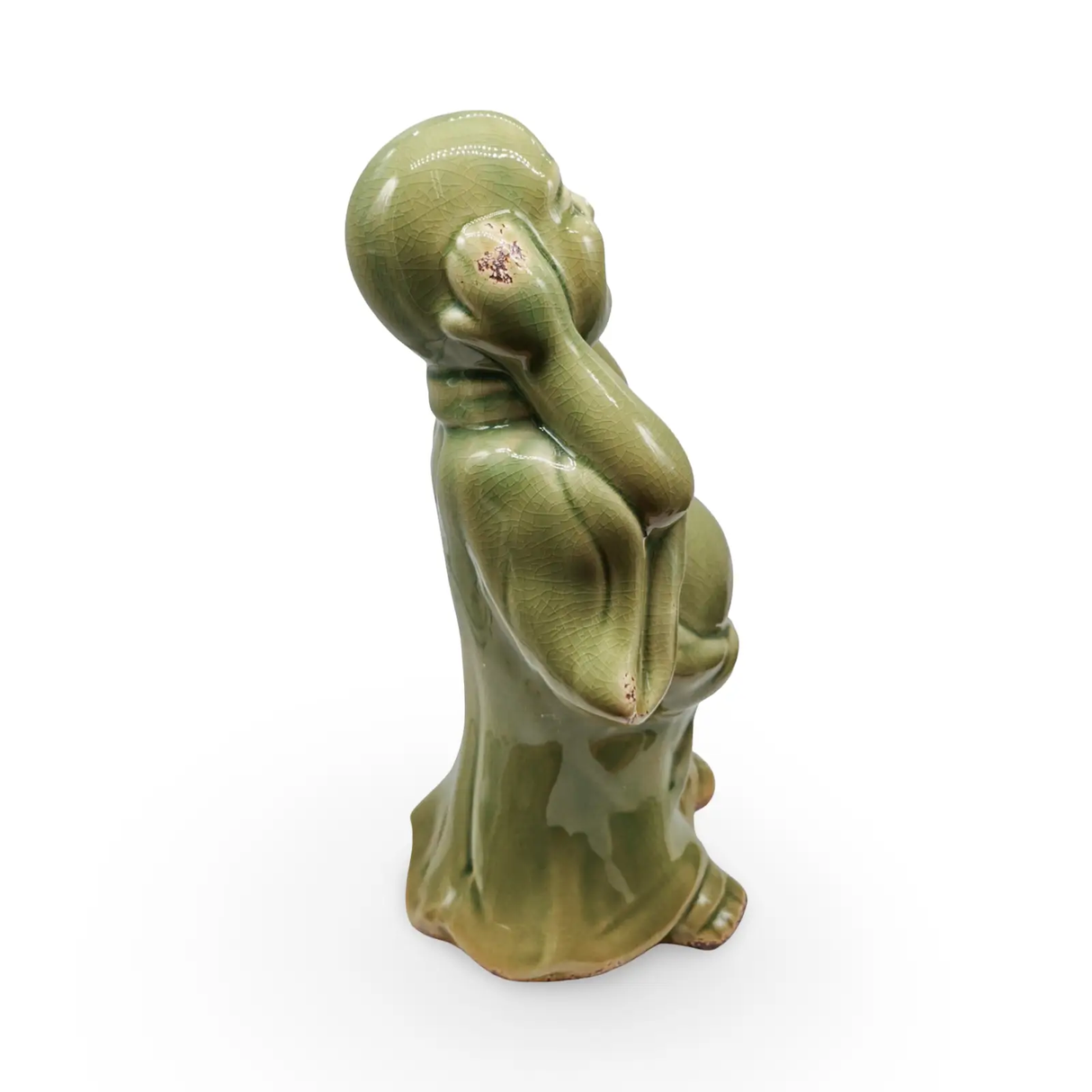 Green ceramic Happy Buddha figurine for home decor.