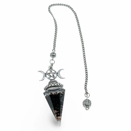 Pendulum – Obsidian Chip & Resin Orgonite with Triple Moon Pentagram Charm