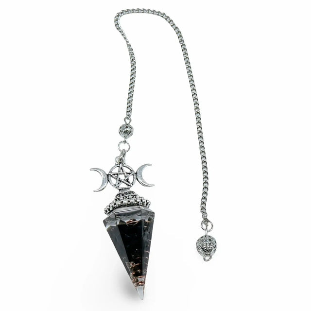 Pendulum – Obsidian Chip & Resin Orgonite with Triple Moon Pentagram Charm