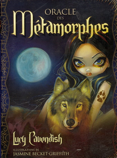Tarot oracle deck cover: Oracle des Métamorphes, French edition, moonlit girl with wolf under a blue moon.