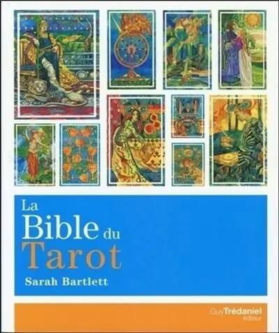 Livre La Bible du Tarot, print book with blue cover and tarot-card collage by Sarah Bartlett.