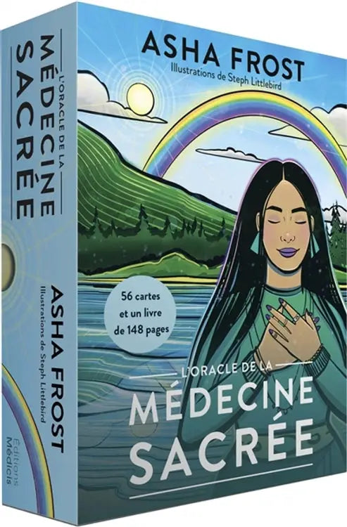 Oracle deck L'Oracle de la Médecine Sacrée by Pür Sérénité, blue box with rainbow artwork; 56 cards + 148-page book