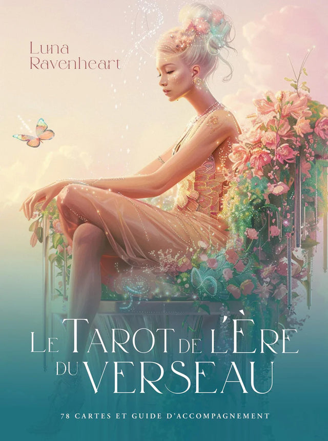 Astro Tarot Oracle card deck Le Tarot de l’Ère du Verseau; pastel floral scene with a seated woman