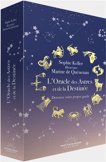 Astro Tarot Oracle French edition box featuring blue-to-purple gradient and gold zodiac motifs