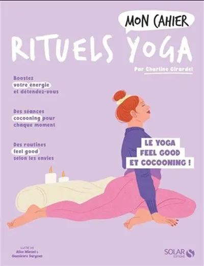 Livre Mon Cahier Rituel Yoga, couverture violette avec illustration d'une femme en pose de yoga.