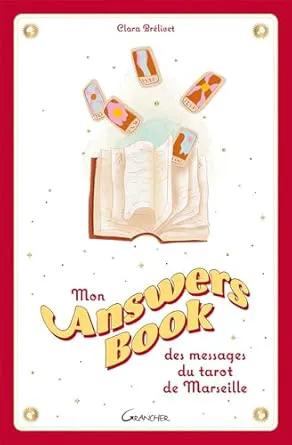 Livre Mon Answers Book, print book with white cover, red border and tarot cards illustration
