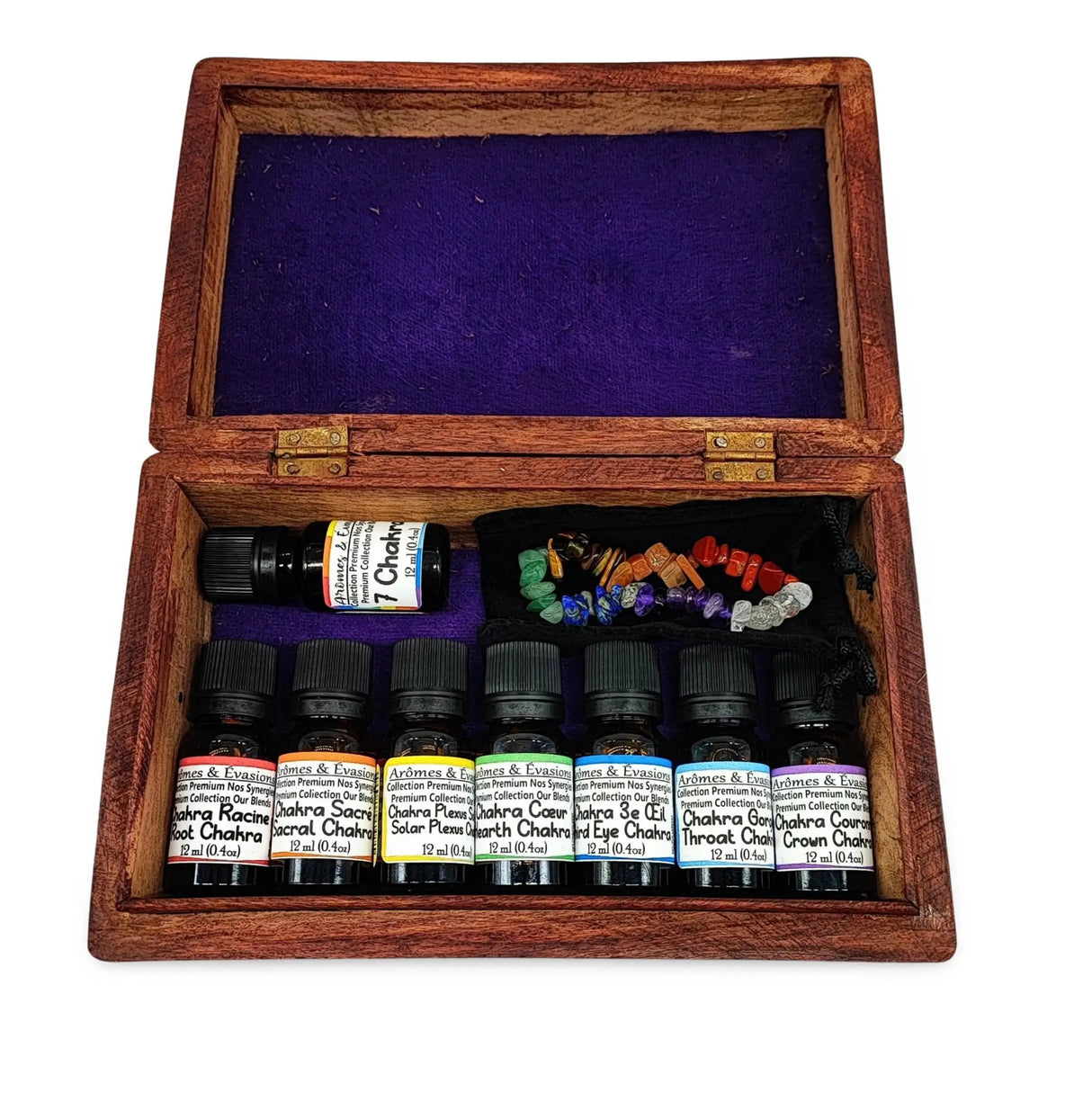 7 Chakras Essential Oil & Bracelet Deluxe Gift Set in wooden box with 12 ml oils and chakra beads