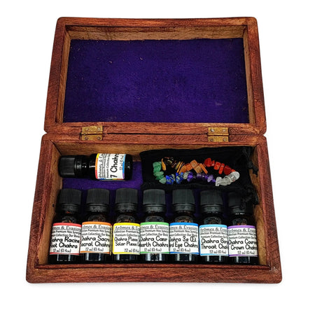 7 Chakras Essential Oil & Bracelet Deluxe Gift Set in wooden box with 12 ml oils and chakra beads
