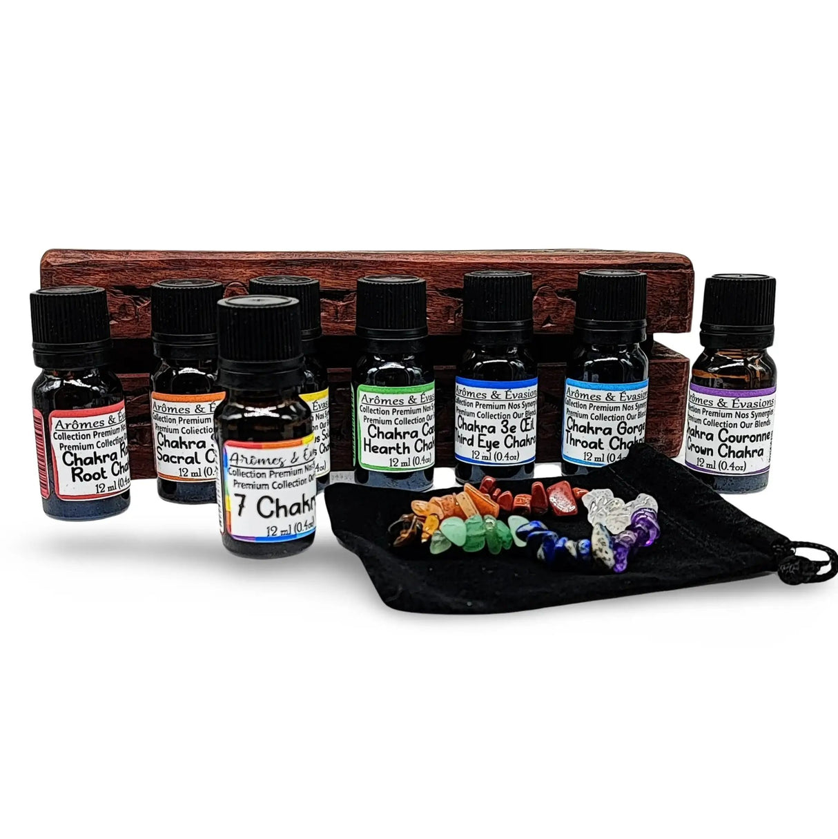7 Chakras essential oil & bracelet deluxe gift set in a wooden box, limited edition.