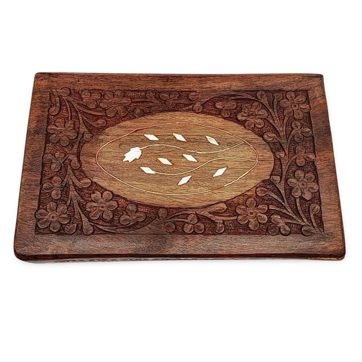 Deluxe wooden box with ornate floral carvings for 7 Chakras essential oil and bracelet gift set.