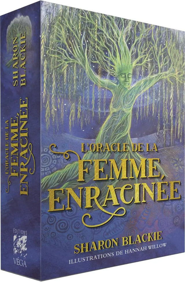 Astro Tarot Oracle box, French edition L’Oracle de la Femme Enracinée by Sharon Blackie, blue-purple art