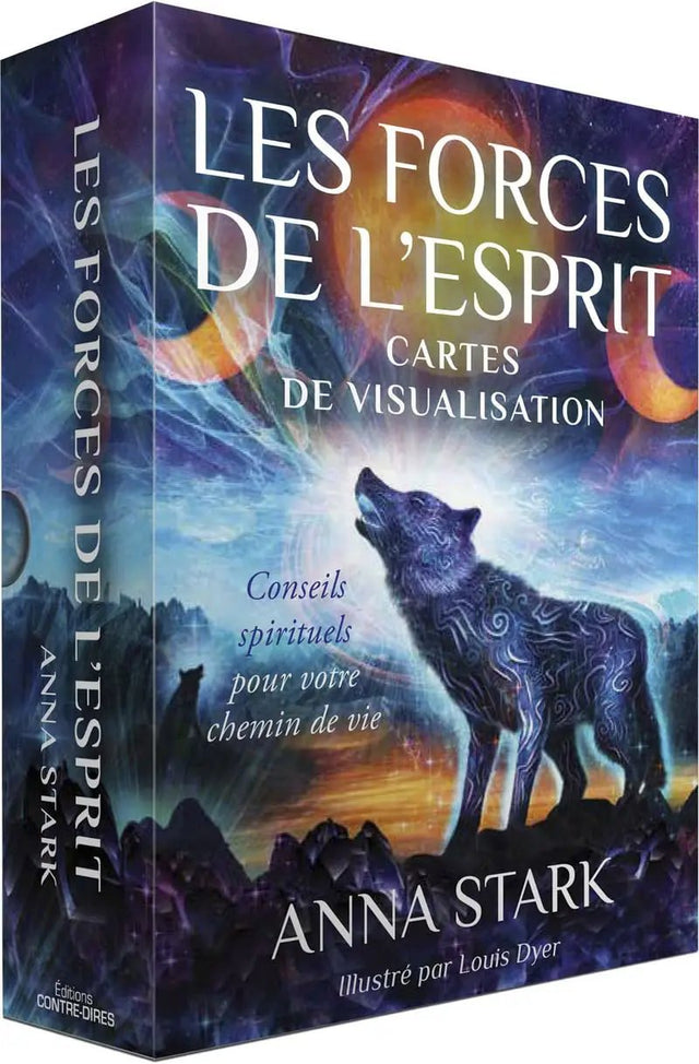 Astro Tarot Oracle deck Les Forces de l’Esprit, French edition with blue-purple wolf artwork