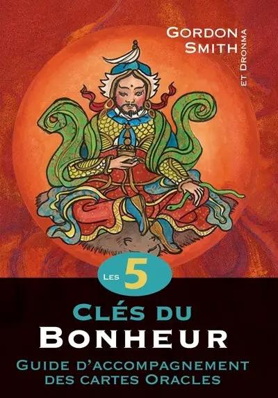 Astro Tarot Oracle deck cover with an orange sun, a robed figure in colorful robes, and the Les 5 Clés du Bonheur.