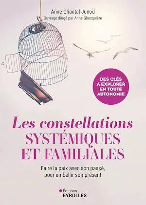 Livre Les Constellations Systémiques et Familiales, couverture blanche avec texte rose, Éditions Eyrolles