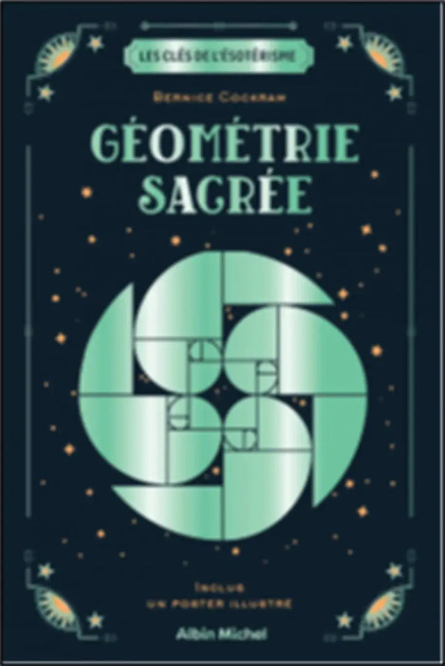 Livre Géométrie Sacrée par Pür Sérénité; couverture bleu nuit avec motif géométrique vert émeraude et petites étoiles dorées.