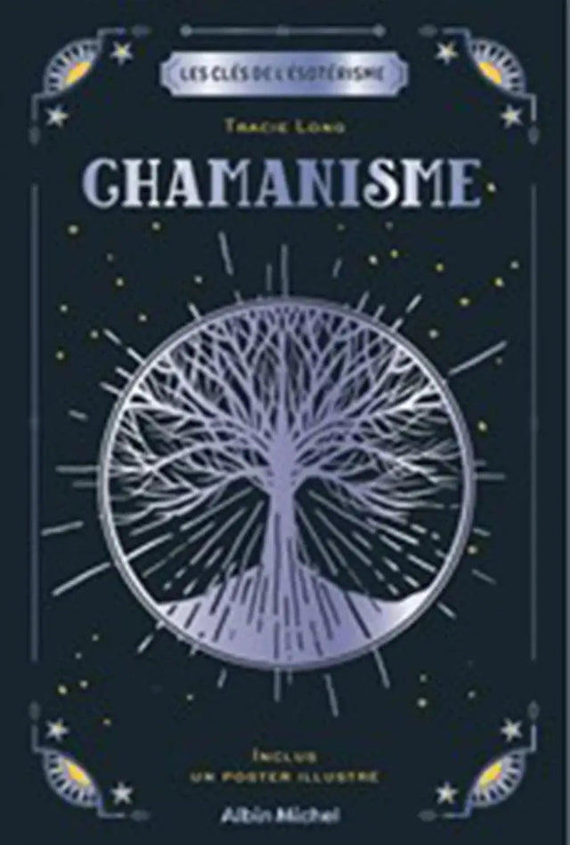 Livre Chamanisme, couverture bleu nuit avec arbre violet dans un cercle lumineux et décor étoilé, par Pür Sérénité.