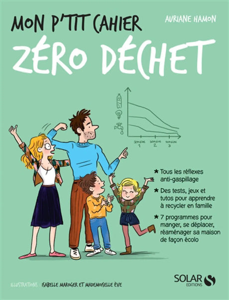 Livre Mon p’tit cahier Zéro Déchet, édition Solar Editions, couverture verte avec une famille enthousiaste et un graphique.