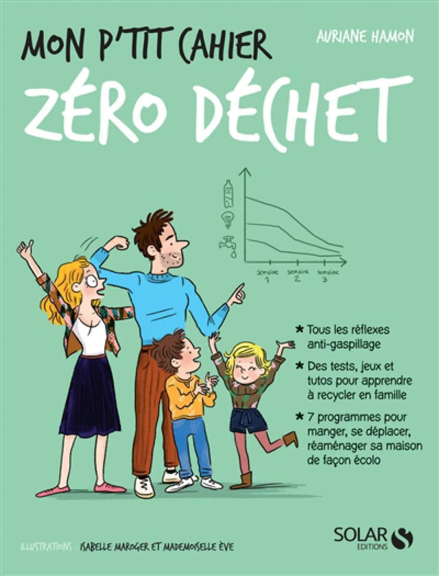 Livre Mon p’tit cahier Zéro Déchet, édition Solar Editions, couverture verte avec une famille enthousiaste et un graphique.